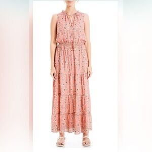 Max Studio Salmon Floral Sleeveless Ruffle Trim Midi Dress